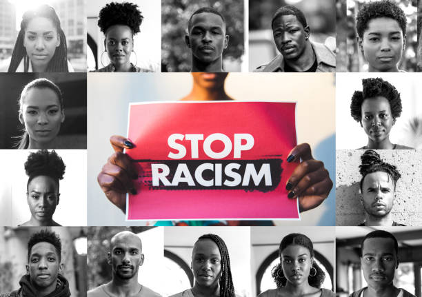 Woman holding a red sign against racism and a mix of afro american men and women faces Woman holding a red sign against racism and a mix of afro american men and women faces. black civil rights stock pictures, royalty-free photos & images