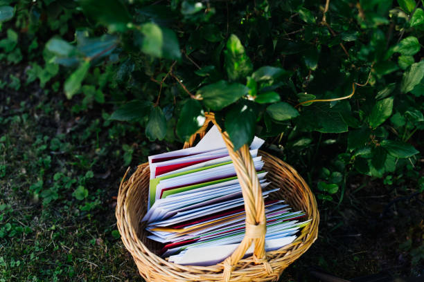 foto de cartões de papel em uma cesta no jardim - heart shape grass paper green - fotografias e filmes do acervo