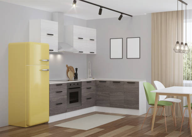 istock Scandinavian-style corner kitchen with yellow fridge. 3D rendering. 1241613447