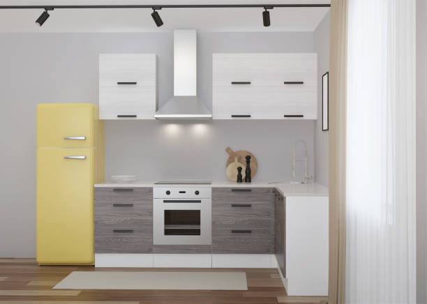 istock Scandinavian-style corner kitchen with yellow fridge. 3D rendering. 1241613457