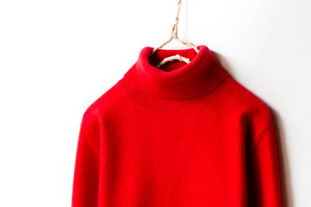 istock red wool sweater hanging on clothes hanger on white background.close up. 1241619857