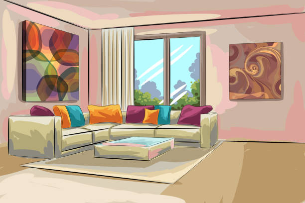 Beautiful Living Room Drawing Stock Illustration - Download Image Now -  Living Room, Home Interior, Indoors - iStock
