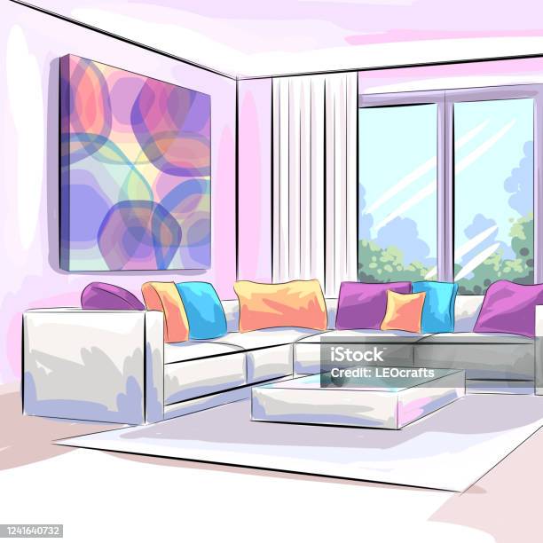 Beautiful Living Room Drawing Stock Illustration - Download Image Now -  Backgrounds, Home Interior, Architecture - iStock