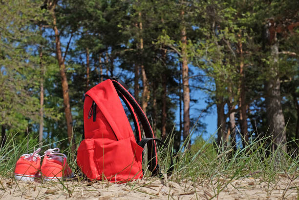 istock red backpack and shoes on forest background 1241643527