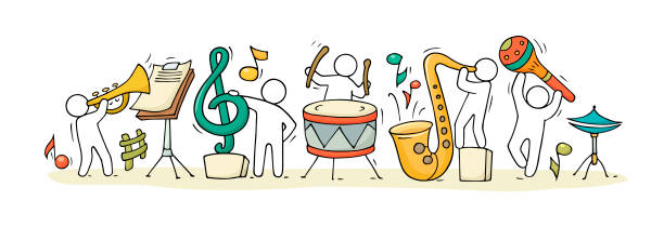 skizze des musikunterrichts mit arbeitenden kleinen leuten - teaching music learning sign stock-grafiken, -clipart, -cartoons und -symbole