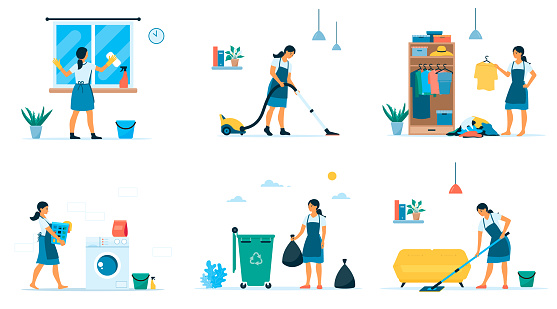 Vector flat collection of home cleaning. Woman washes floor and window, organizes, vacuums, cleans, removes trash