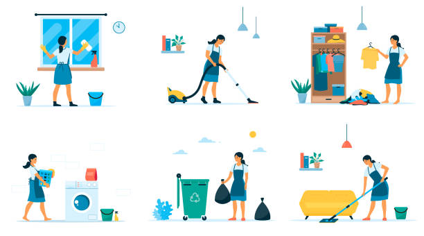 Vector flat set of woman making different housework Vector flat collection of home cleaning. Woman washes floor and window, organizes, vacuums, cleans, removes trash maid stock illustrations