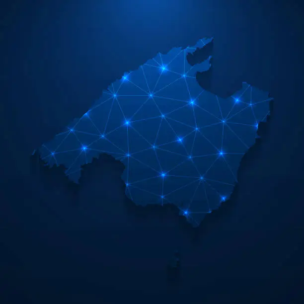 Vector illustration of Majorca map network - Bright mesh on dark blue background