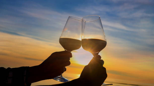 istock Celebration Concept with hands holding red wine glasses on the beach during sunset and Exotic party  summer drinks 1241667010
