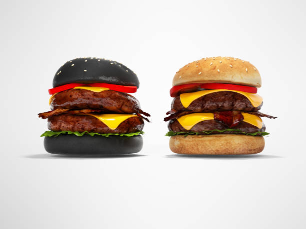 istock Black hamburger and white 3D hamburger render on gray background with shadow 1241669414