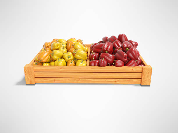 istock Yellow and red peppers on wooden pallet 3d render on gray background with shadow 1241682182