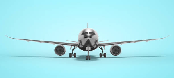 istock Turbocharged passenger plane isolated 3d render on blue background with shadow 1241682224