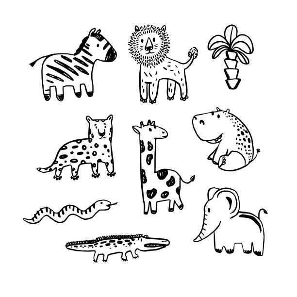 Vector African Animals Set Coloring Illustration Collection Of Cute Animals  In Black And White Stock Illustration - Download Image Now - iStock