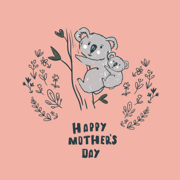 ilustrações de stock, clip art, desenhos animados e ícones de happy mother`s day card with flowers. postcard - koala animal love cute