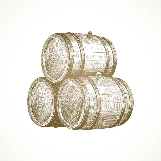 Vector illustration of Hand drawn wooden barrels on vintage paper background - vector illustration.