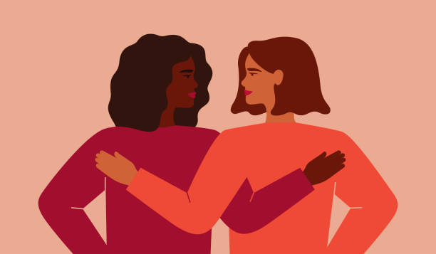 A black woman embraces her friend and they look to each other. A black woman embraces her friend and they look to each other. Concept of fighting for equality and female empowerment movement. Vector illustration suffragette stock illustrations