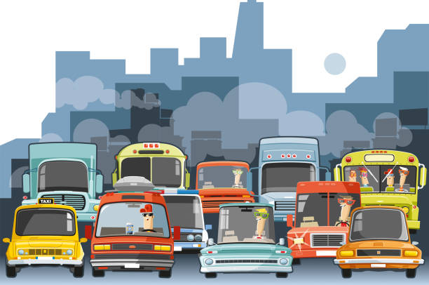 illustrazioni stock, clip art, cartoni animati e icone di tendenza di traffico delle grandi città - pick up truck old car traffic