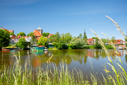 View of the medieval town of Stade in Lower saxony. Moat and canal in the foreground.