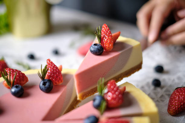 istock Low Fat Mousse Yogurt Strawberry and Raspberry Cheesecake set on cafe table.  Gluten Free Low-Carb Healthy Dessert. 1241706384