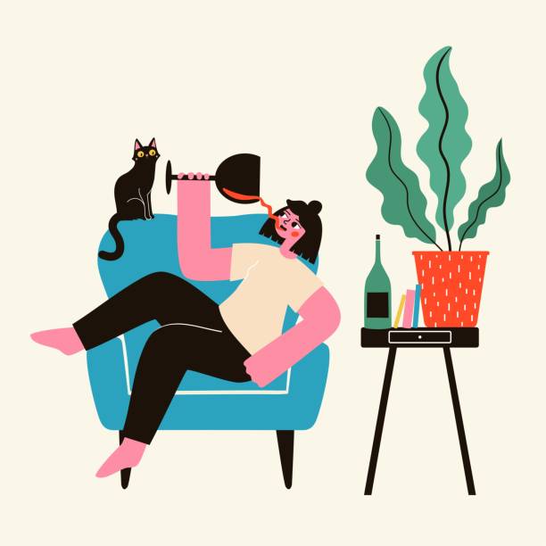 illustrations, cliparts, dessins animés et icônes de jeune femme heureuse se trouvant sur le fauteuil bleu avec le verre de vin rouge. chat noir choqué, grande plante, livres et bouteille de vin sur la table. - vin illustrations