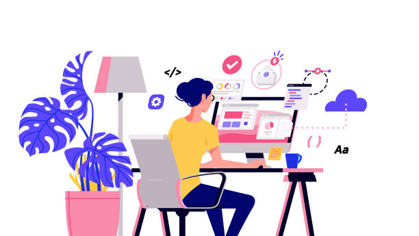 Working at home vector flat style illustration. Online career. Coworking space illustration. Young woman freelancers working on laptop or computer at home. Developer at home in quarantine Working at home vector flat style illustration. Online career. Coworking space illustration. Young woman freelancers working on laptop or computer at home. Developer at home in quarantine. computer programmer stock illustrations
