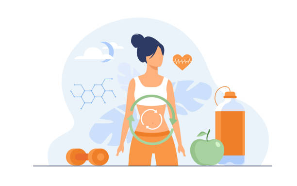 illustrations, cliparts, dessins animés et icônes de processus métabolique de la femme sur l’alimentation - fruit bodies