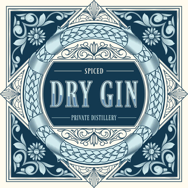Dry gin - ornate vintage decorative label decorative vector artwork gin label stock illustrations