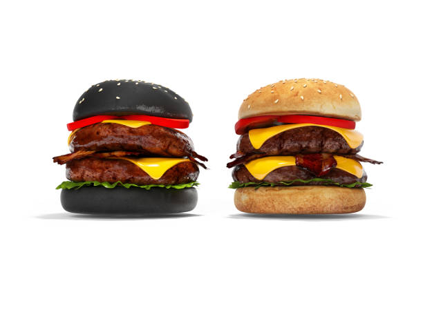 istock Black hamburger and white 3D hamburger render on white background with shadow 1241732986