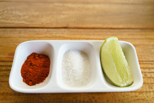 Thai spicy ingredient side dish with lime, sugar and chili for food flavour