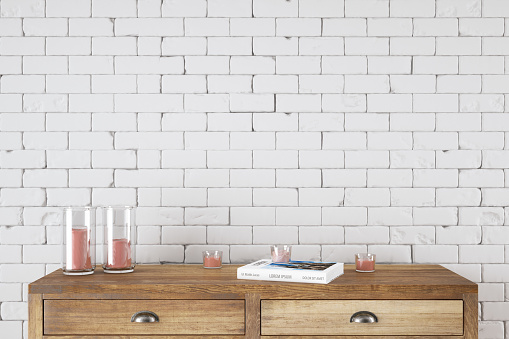 Empty Brick Wall with Wooden Cabinet. 3d Render