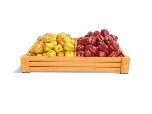 istock Yellow and red peppers on wooden pallet 3d render on white background with shadow 1241737909