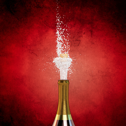 Champagne Pop Splash on Red. 3d Render