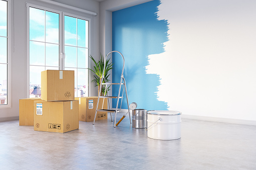 Moving House Concept with Cardboard Boxes and Wall Painting. 3d Render