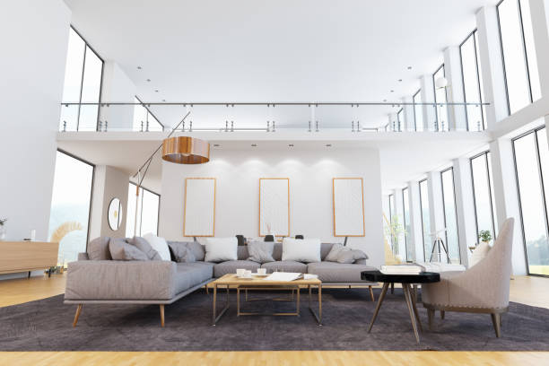 istock Modern Bright Living Room with Mezzanine 1241740798
