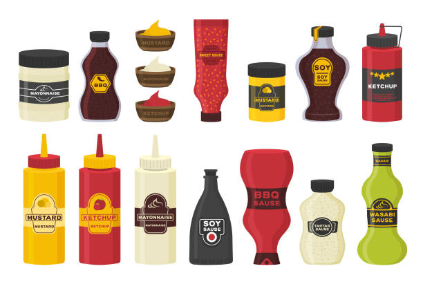 flaschen mit sauce. - würze stock-grafiken, -clipart, -cartoons und -symbole