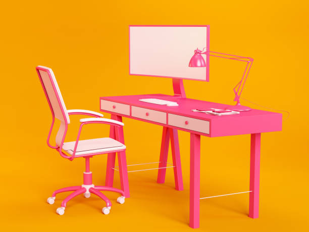 istock Minimal Workspace Concept Pink Computer on Table and Chair on Orange 1241755762