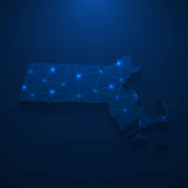 Massachusetts map network - Bright mesh on dark blue background Map of Massachusetts created with a mesh of thin bright blue lines and glowing dots, isolated on a dark blue background. Conceptual illustration of networks (communication, social, internet, ...). Vector Illustration (EPS10, well layered and grouped). Easy to edit, manipulate, resize or colorize. massachusetts map stock illustrations