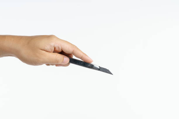 istock Hand holding stainless office  paper cutter 1241778466