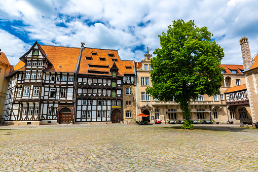 Town square with half-timbered houses in Nuremberg, Germany. Historic old town.