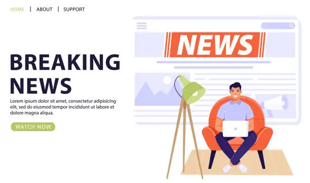 Vector illustration of Breaking news concept. Man sitting in chair and reading news using computer.