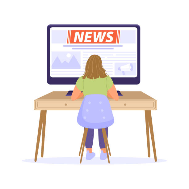 istock Breaking news concept. Woman sitting at table and reading news using computer. 1241794145