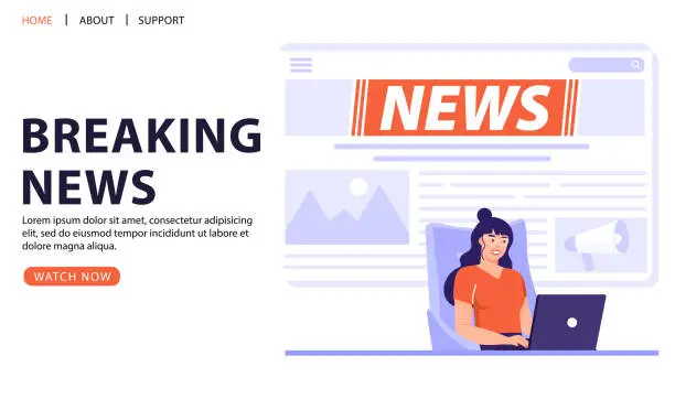Vector illustration of Breaking news concept. Woman sitting in chair and reading news using laptop.