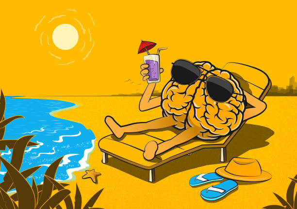 해변에서 휴식을 취하는 두뇌 캐릭터 - relaxation vacations heat sunglasses stock illustrations