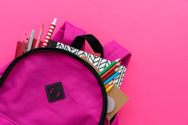 istock Back to school concept. Backpack with school supplies on pink background. Top view. Copy space 1241809908