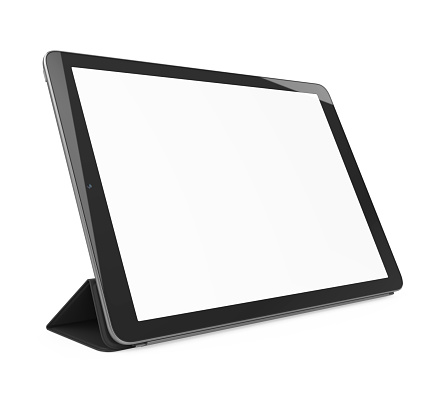 Tablet Computer Stand with Blank Screen isolated on white background. 3D render