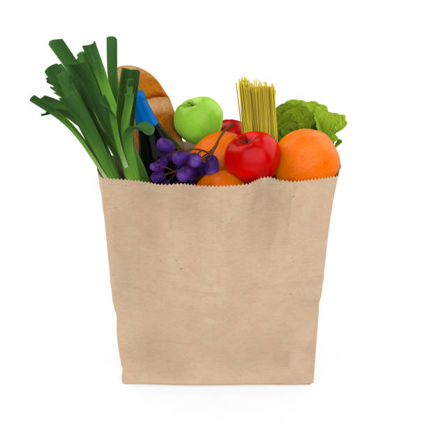 Paper Bag with Groceries isolated on white background. 3D render