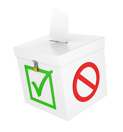 Ballot Box with Checkmark and Forbidden Sign isolated on white background. 3D render
