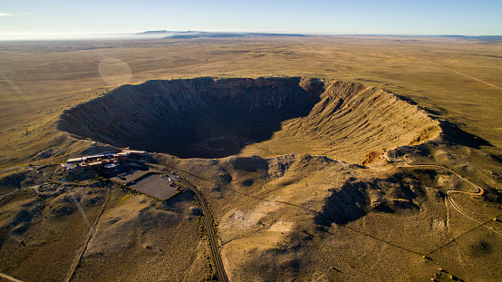 Aerial view of crater in barren landscape