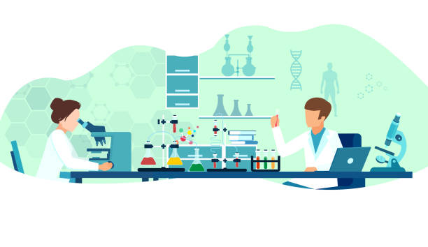 illustrazioni stock, clip art, cartoni animati e icone di tendenza di vettore di ricercatori di laboratorio che studiano nuovi virus lavorando in laboratorio con un microscopio e strumenti di laboratorio. - biologo