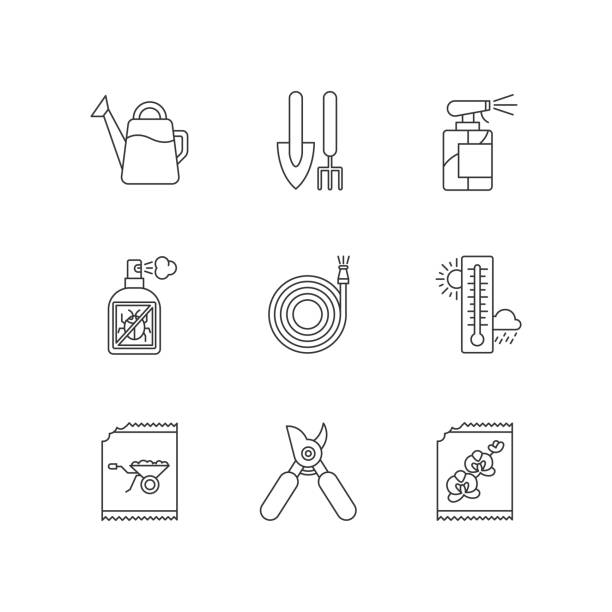 Indoor gardening tools and materials pixel perfect linear icons set. Garden inventory, equipment. Customizable thin line contour symbols. Isolated vector outline illustrations. Editable stroke Indoor gardening tools and materials pixel perfect linear icons set. Garden inventory, equipment. Customizable thin line contour symbols. Isolated vector outline illustrations. Editable stroke insecticide stock illustrations